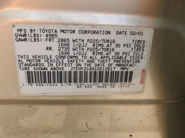 JTEHF21A910012617 - 2001 TOYOTA HIGHLANDER GOLD photo 13