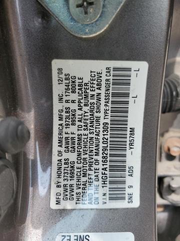 1HGFA16829L021309 - 2009 HONDA CIVIC EX GRAY photo 12