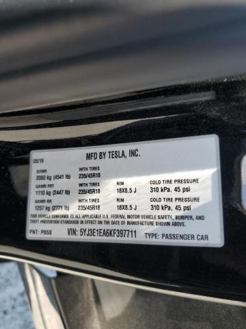 5YJ3E1EA6KF397711 - 2019 TESLA MODEL 3 Noir photo 12
