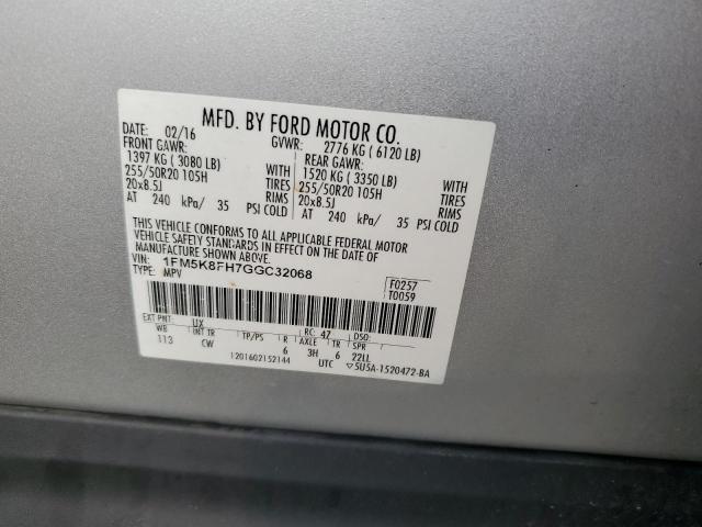 1FM5K8FH7GGC32068 - 2016 FORD EXPLORER LIMITED SILVER photo 13