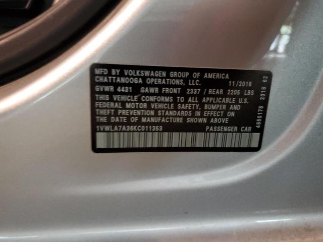 1VWLA7A36KC011353 - 2019 VOLKSWAGEN PASSAT WOLFSBURG SILVER photo 12