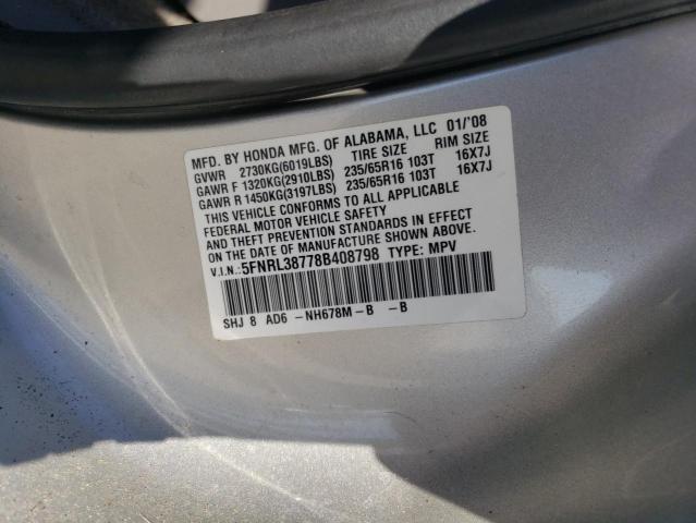 5FNRL38778B408798 - 2008 HONDA ODYSSEY EXL GRAY photo 12