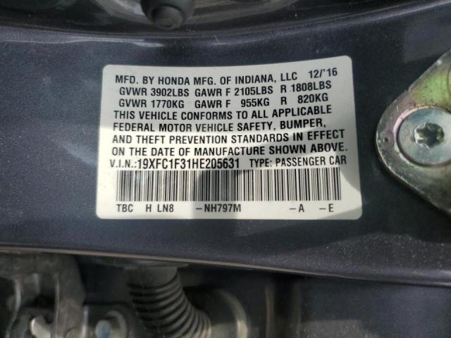 19XFC1F31HE205631 - 2017 HONDA CIVIC EX GRAY photo 12