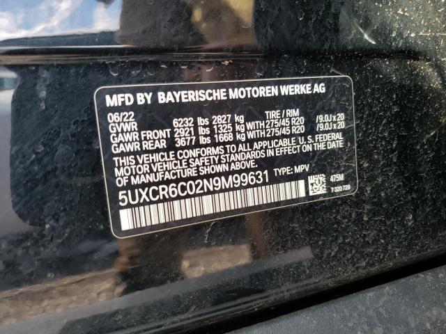 5UXCR6C02N9M99631 - 2022 BMW X5 XDRIVE40I BLACK photo 12