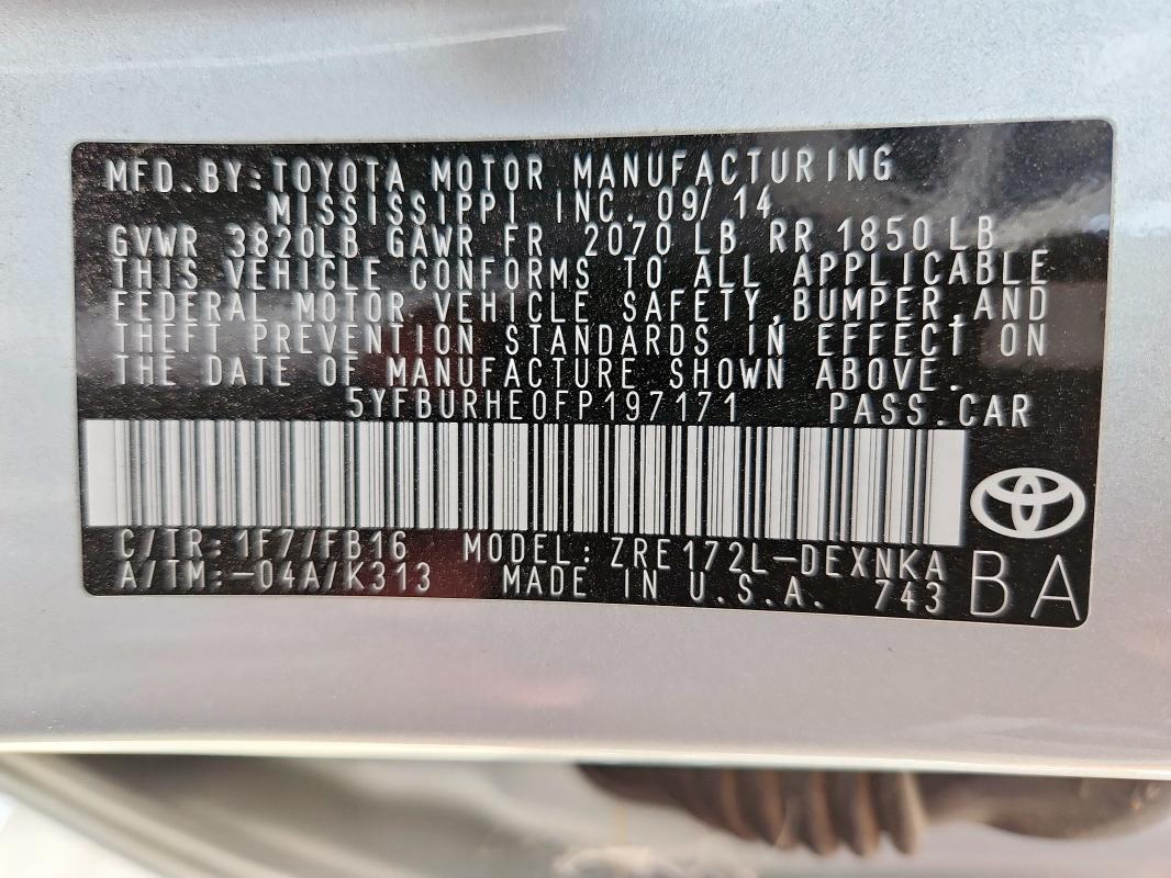 5YFBURHE0FP197171 - 2015 TOYOTA COROLLA L GRAY photo 13