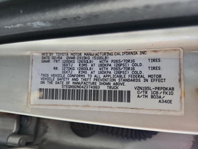 5TEGN92N04Z374983 - 2004 TOYOTA TACOMA DOUBLE CAB PRERUNNER SILVER photo 13