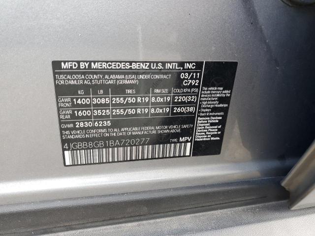 4JGBB8GB1BA720277 - 2011 MERCEDES-BENZ ML 350 4MATIC GRAY photo 12