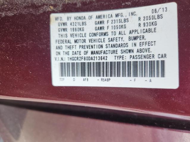 1HGCR2F80DA213642 - 2013 HONDA ACCORD EXL მუქწითელი ფოტო 12