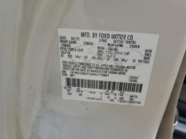 1FMCU9D73AKC75991 - 2010 FORD ESCAPE XLT თეთრი ფოტო 12