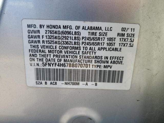 5FNYF4H67BB070701 - 2011 HONDA PILOT EXL SILVER photo 14