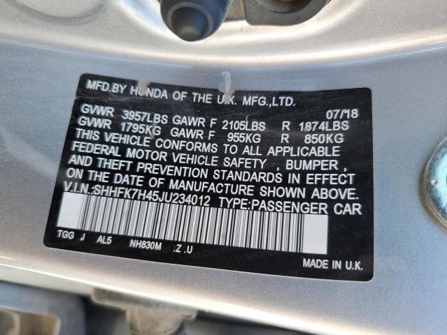 SHHFK7H45JU234012 - 2018 HONDA CIVIC SPORT 银色 照片 12