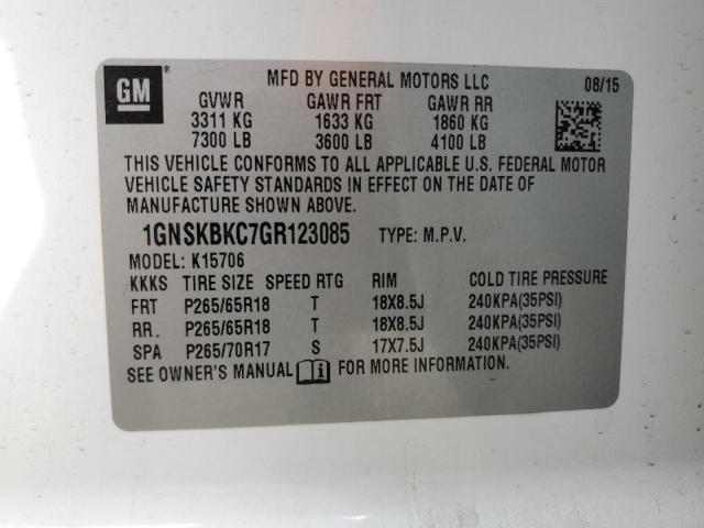 1GNSKBKC7GR123085 - 2016 CHEVROLET TAHOE K1500 LT WHITE photo 14