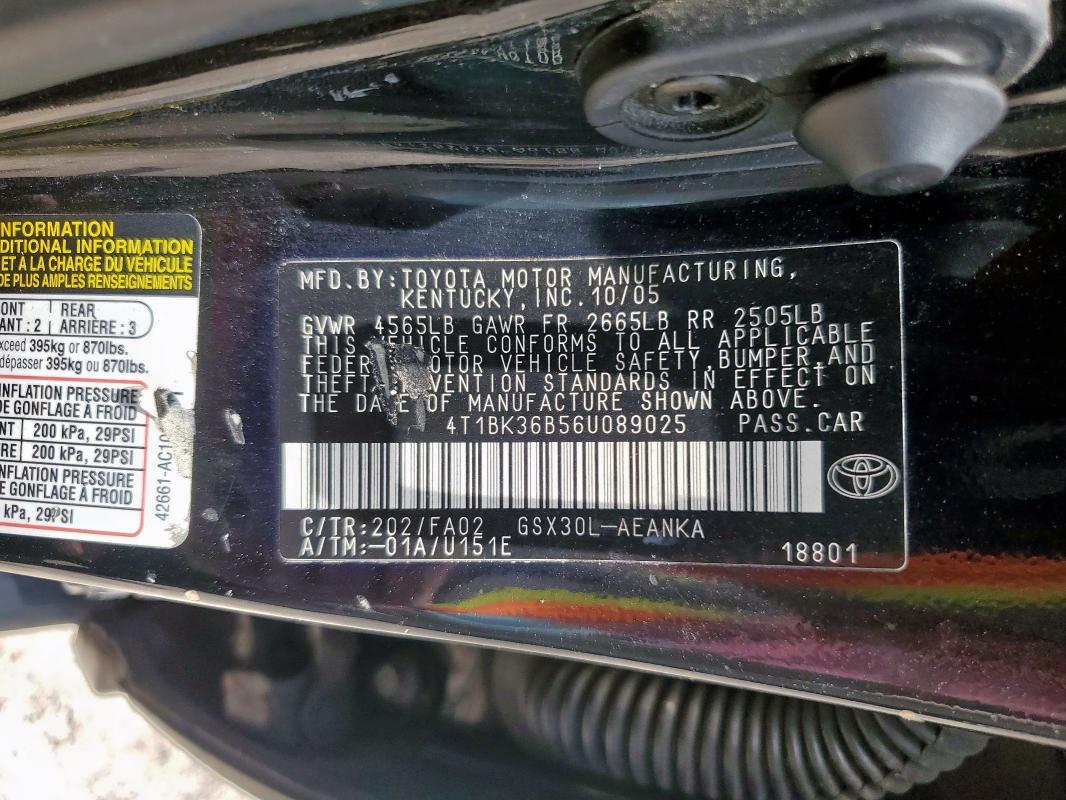 4T1BK36B56U089025 - 2006 TOYOTA AVALON XL BLACK photo 12