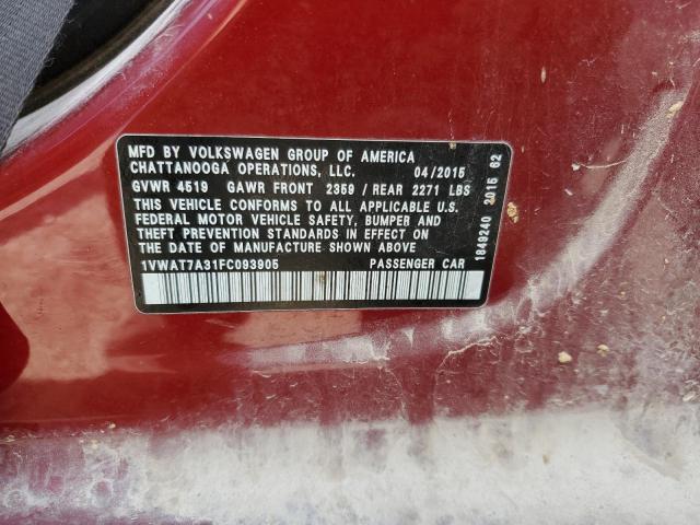 1VWAT7A31FC093905 - 2015 VOLKSWAGEN PASSAT S RED photo 12