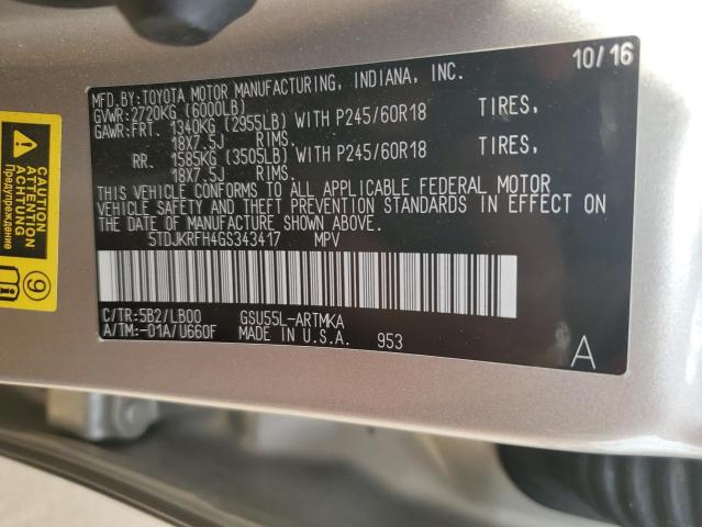 5TDJKRFH4GS343417 - 2016 TOYOTA HIGHLANDER XLE TAN photo 13