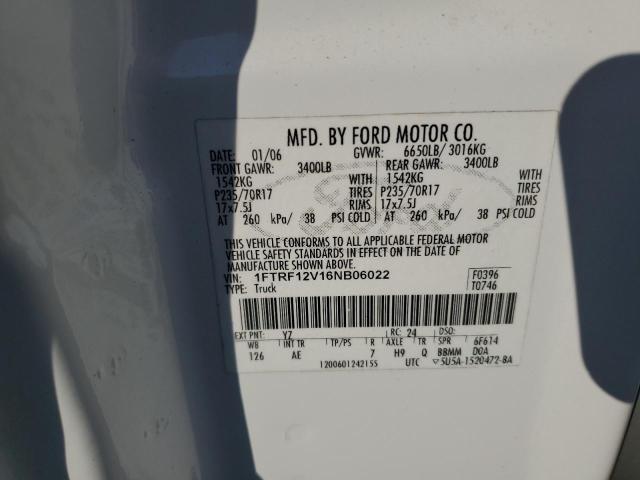 1FTRF12V16NB06022 - 2006 FORD F150 WHITE photo 12