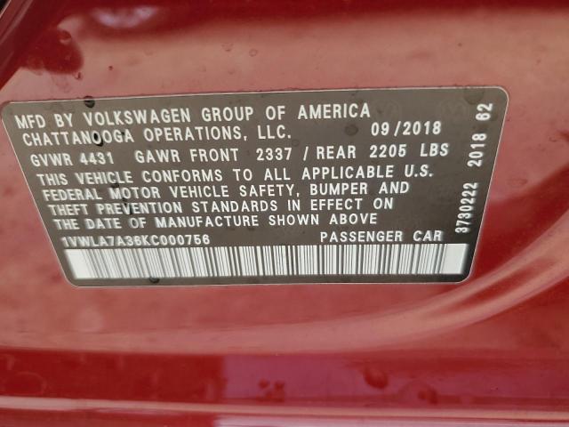 1VWLA7A36KC000756 - 2019 VOLKSWAGEN PASSAT WOLFSBURG Granate foto 12