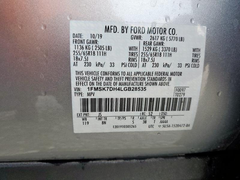 1FMSK7DH4LGB28535 - 2020 FORD EXPLORER XLT 银色 照片 13