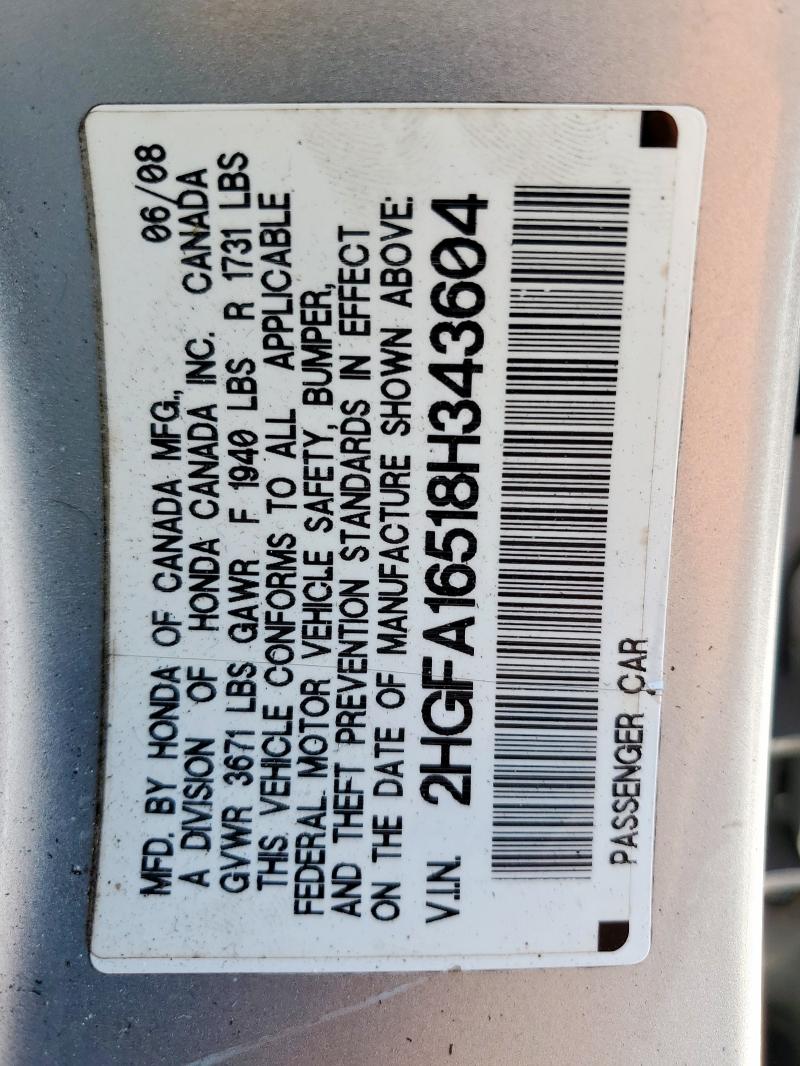 2HGFA16518H343604 - 2008 HONDA CIVIC LX SILVER photo 12