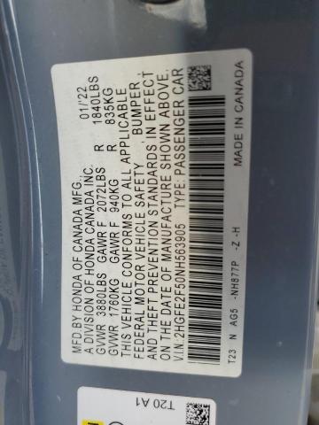2HGFE2F50NH563905 - 2022 HONDA CIVIC SPORT GRAY photo 12