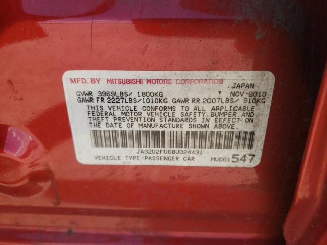 JA32U2FU6BU024431 - 2011 MITSUBISHI LANCER ES/ES SPORT RED photo 12