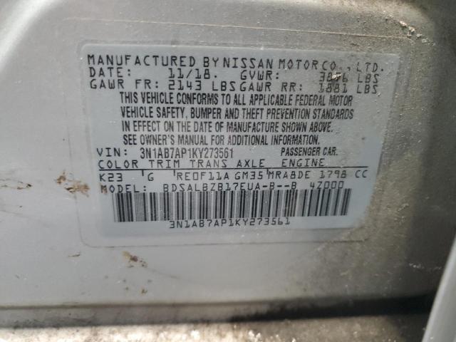 3N1AB7AP1KY273561 - 2019 NISSAN SENTRA S ვერცხლისფერი ფოტო 12