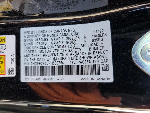 2HGFE2F55PH500754 - 2023 HONDA CIVIC SPORT შავი ფოტო 12