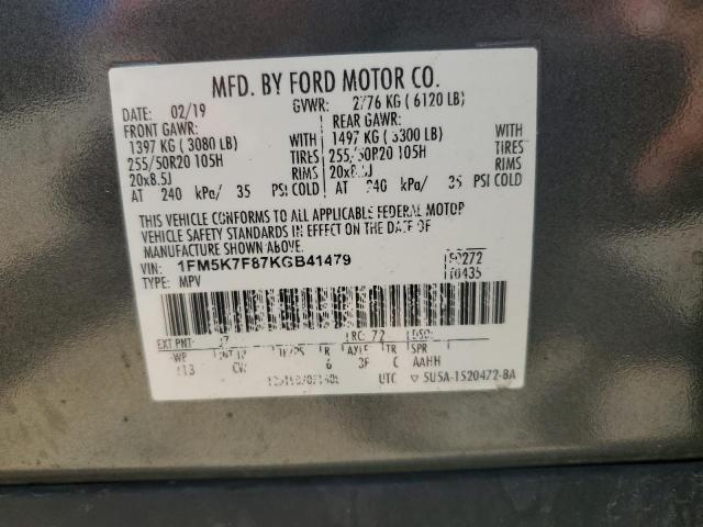 1FM5K7F87KGB41479 - 2019 FORD EXPLORER LIMITED ნაცრისფერი ფოტო 13