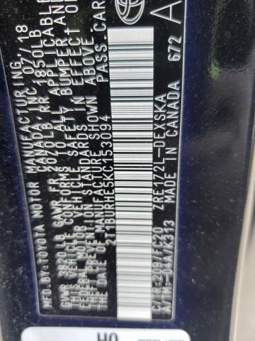 2T1BURHE5KC153094 - 2019 TOYOTA COROLLA L BLACK photo 13