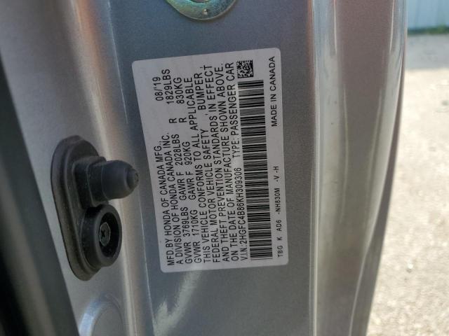 2HGFC4B86KH309306 - 2019 HONDA CIVIC SPORT ნაცრისფერი ფოტო 12