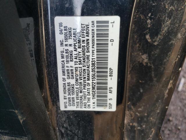 1HGEM22155L053831 - 2005 HONDA CIVIC DX VP BLACK photo 10