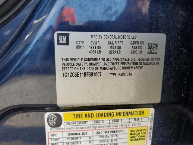 1G1ZC5E11BF381007 - 2011 CHEVROLET MALIBU 1LT ლურჯი ფოტო 13