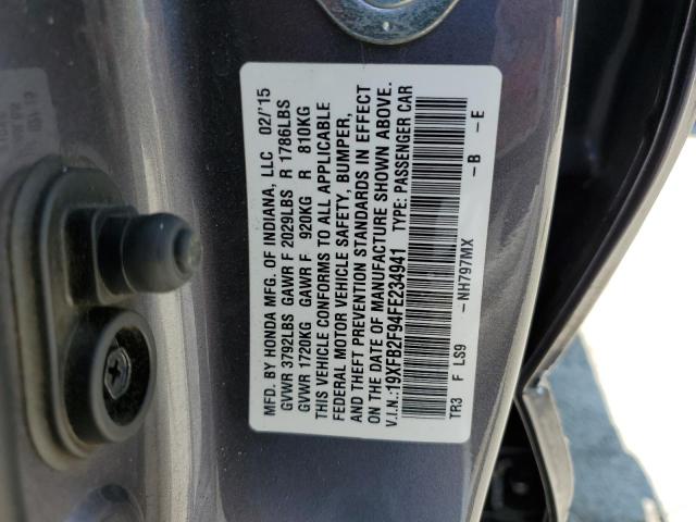 19XFB2F94FE234941 - 2015 HONDA CIVIC EXL ნაცრისფერი ფოტო 12