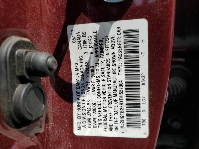 2HGFB2F8XDH557904 - 2013 HONDA CIVIC EX 栗色 照片 12