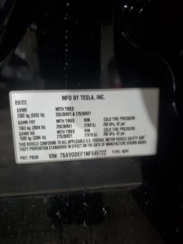 7SAYGDEF1NF545722 - 2022 TESLA MODEL Y BLACK photo 13