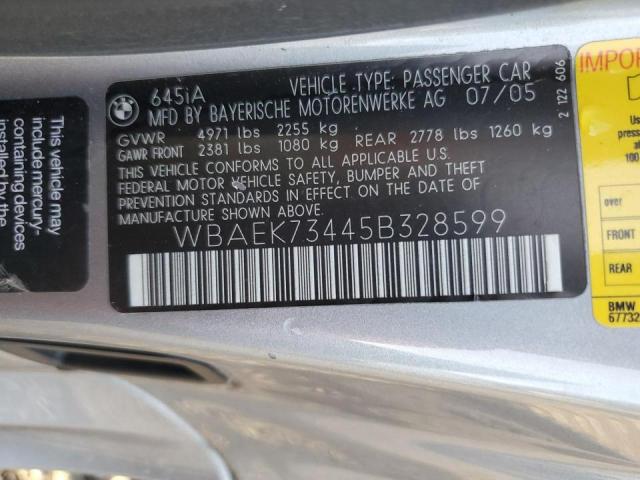 WBAEK73445B328599 - 2005 BMW 645 CI AUTOMATIC SILVER photo 12