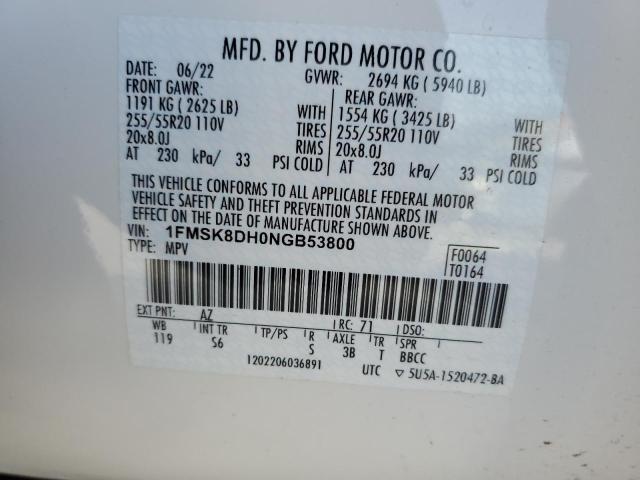 1FMSK8DH0NGB53800 - 2022 FORD EXPLORER XLT WHITE photo 14