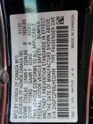 2HGFC2F69LH532499 - 2020 HONDA CIVIC LX BLACK photo 12