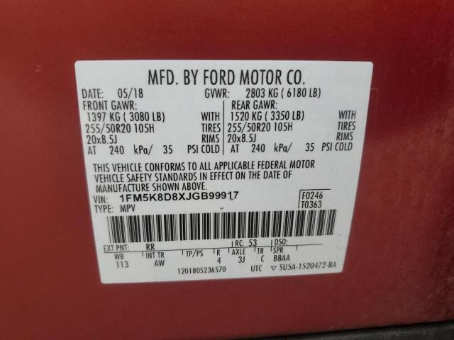 1FM5K8D8XJGB99917 - 2018 FORD EXPLORER XLT 红色 照片 13