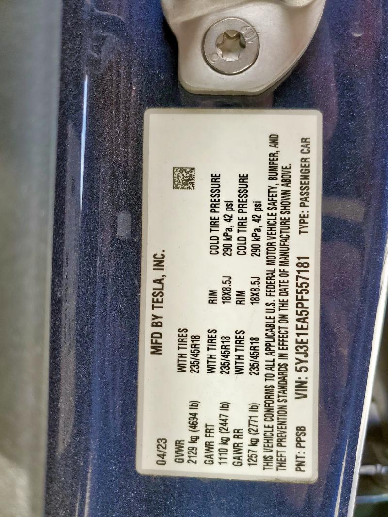 5YJ3E1EA5PF557181 - 2023 TESLA MODEL 3 Mavi foto 13