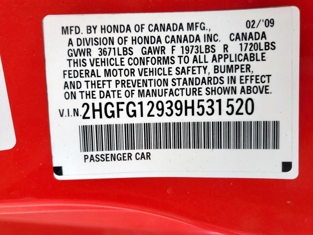 2HGFG12939H531520 - 2009 HONDA CIVIC EXL წითელი ფოტო 12