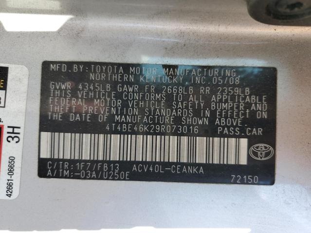 4T4BE46K29R073016 - 2009 TOYOTA CAMRY BASE SILVER photo 12