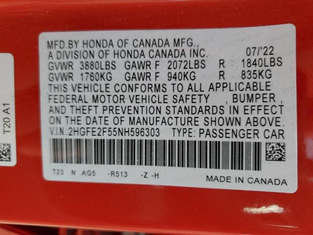 2HGFE2F55NH596303 - 2022 HONDA CIVIC SPORT 黑色 照片 12