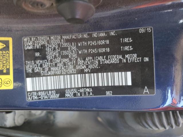 5TDJKRFHXFS212832 - 2015 TOYOTA HIGHLANDER XLE Mavi foto 13