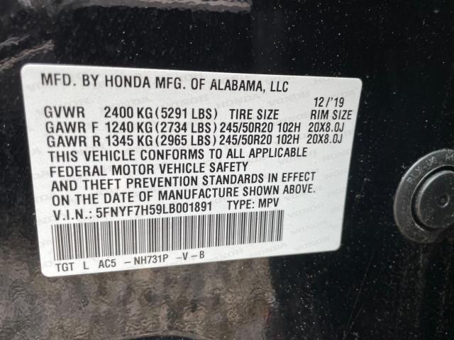 5FNYF7H59LB001891 - 2020 HONDA PASSPORT EXL BLACK photo 10