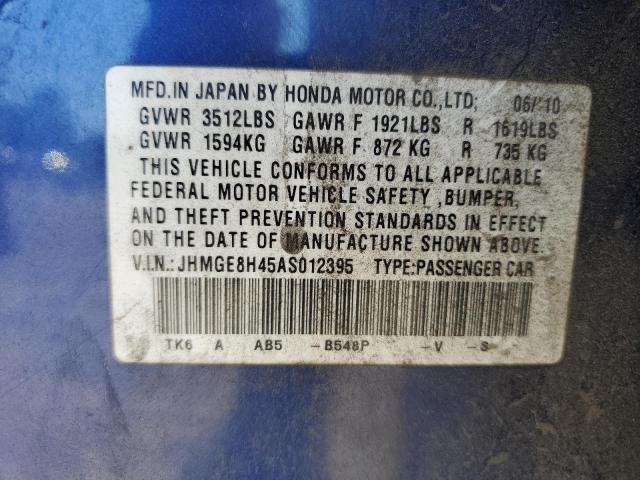 JHMGE8H45AS012395 - 2010 HONDA FIT SPORT Mavi foto 12