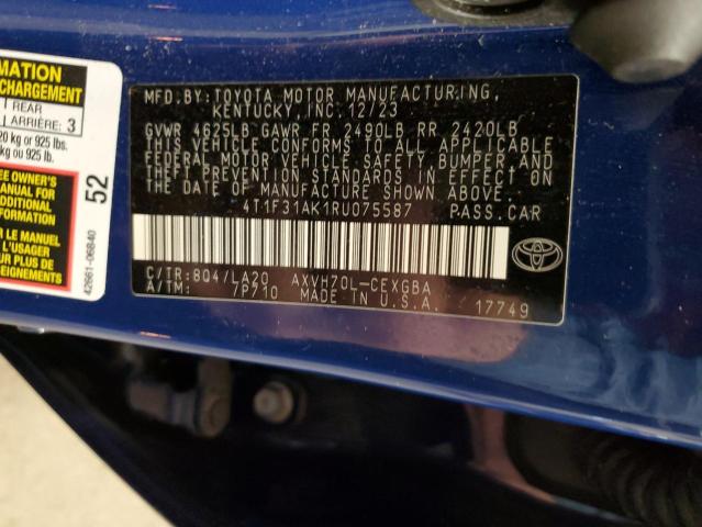 4T1F31AK1RU075587 - 2024 TOYOTA CAMRY XLE BLUE photo 12