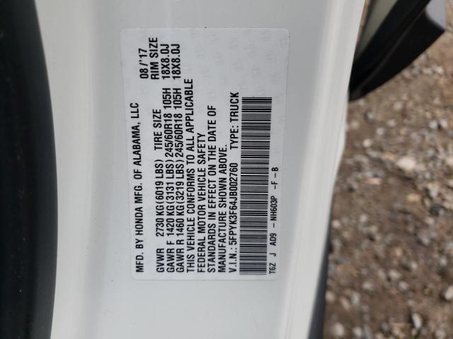 5FPYK3F64JB002760 - 2018 HONDA RIDGELINE RTL WHITE photo 10