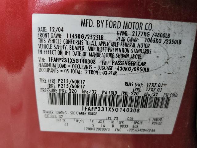 1FAFP231X5G140308 - 2005 FORD FIVE HUNDR SE RED photo 12