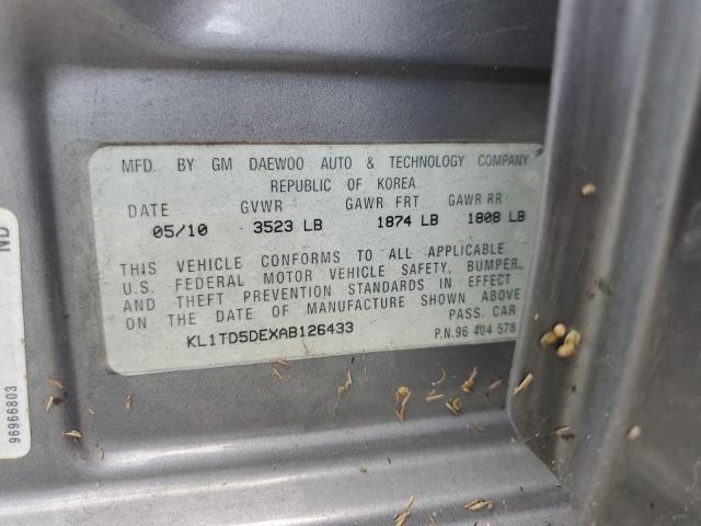 KL1TD5DEXAB126433 - 2010 CHEVROLET AVEO LS ნაცრისფერი ფოტო 10